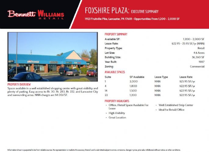 Foxshire Plaza (Multiple Spaces Available) $22.95-$25.95psf (NNN)